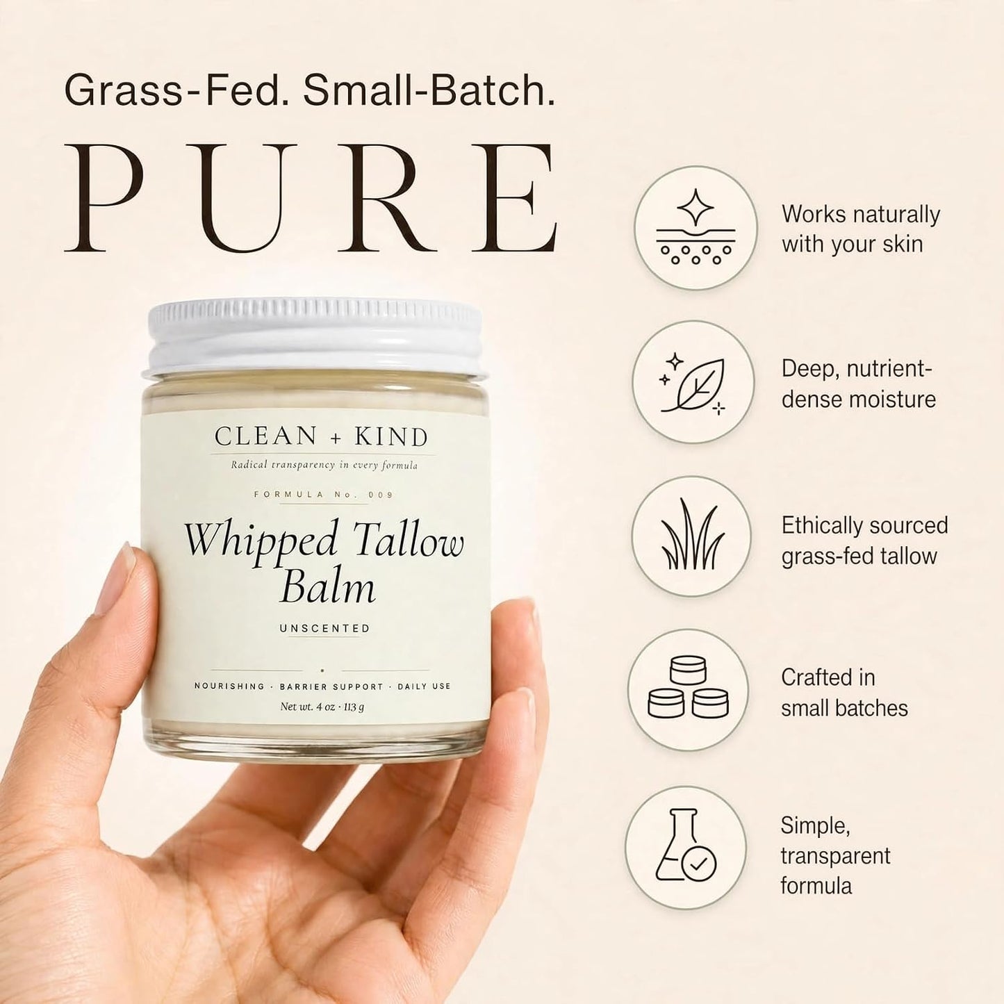 Whipped Tallow Honey Balm — Grass-Fed Tallow & 272 MGO Manuka Honey, 4 oz